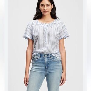 Gap Roll Sleeve Quarter Button Front Top Blue Striped 100% Cotton Women’s XL